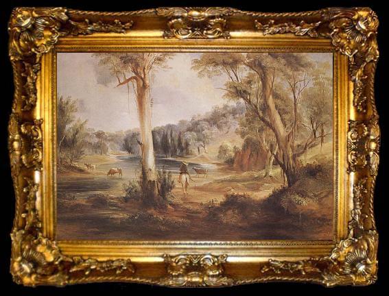framed  Conrad Martens Australian Landscape with cattle and a stockman at a creek, ta009-2